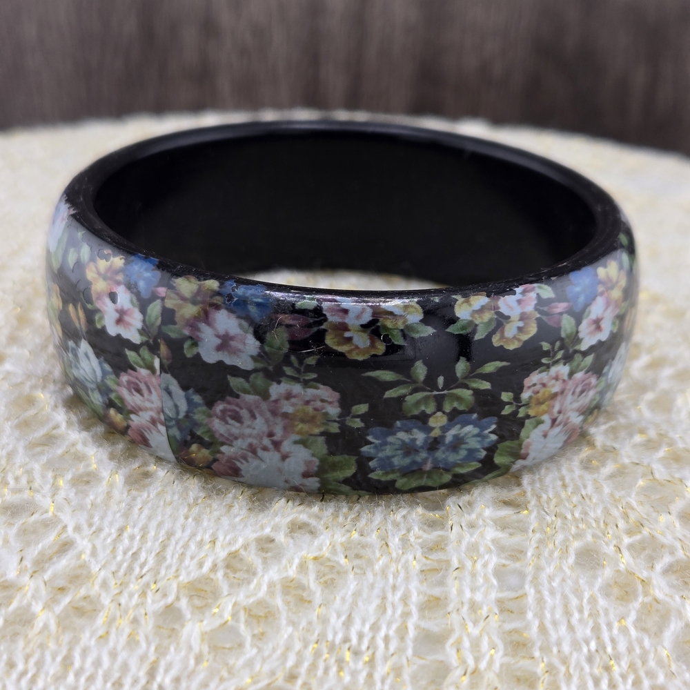 Gypsy Bangle | Glossy Black Floral Resin Wide Bangle | Vintage-Inspired 2.5"